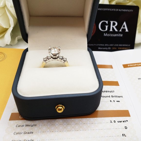 14K Solid  Yellow Gold 2 Carats Round Moissanite Solitaire Engagement Ring D- FL - Picture 1 of 7